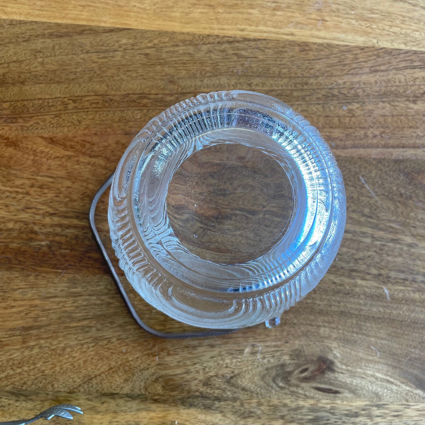 Pressed Glass Ice Bucket with Hammered Metal Handle & Tongs