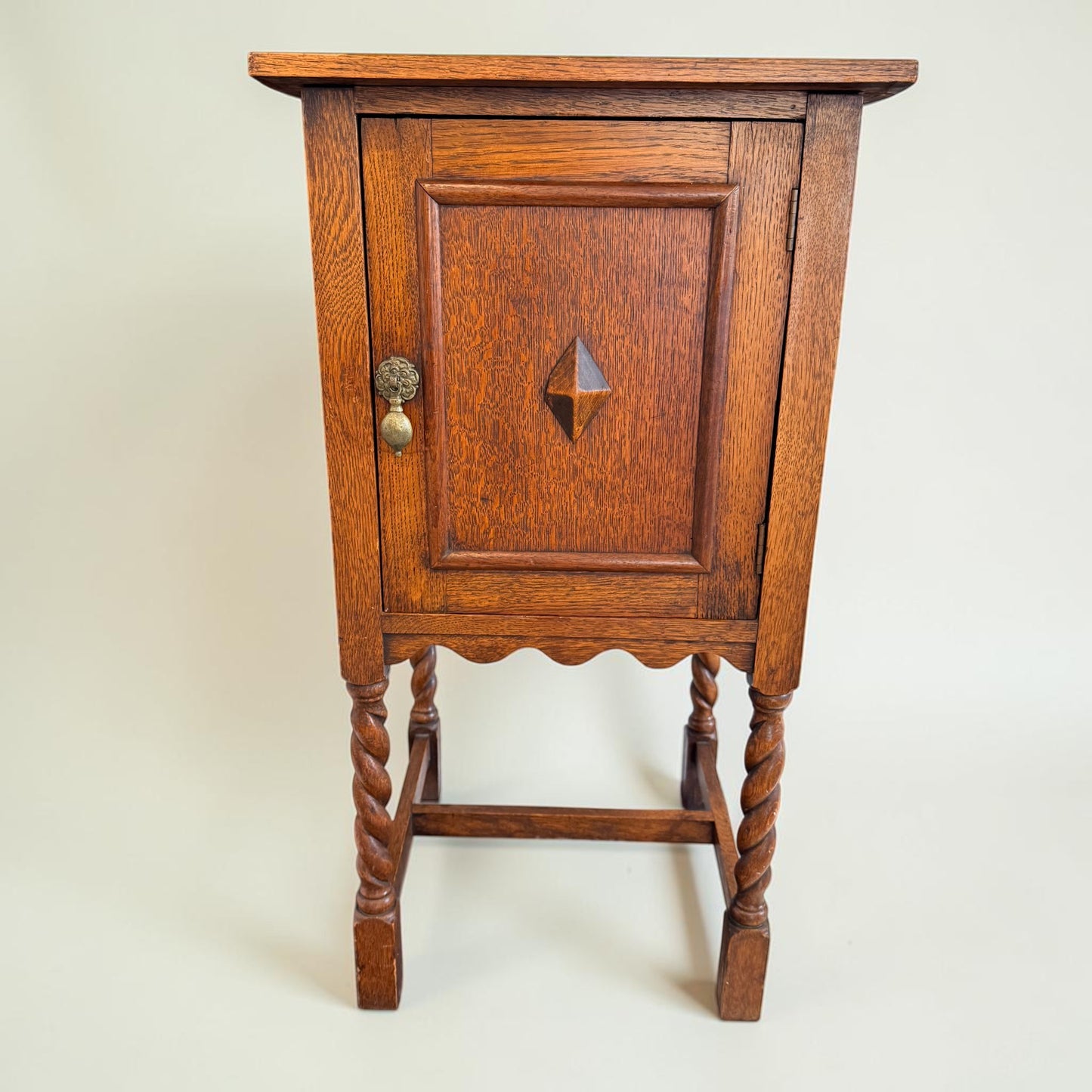 Antique English Oak Barley Twist Pot Cupboard, Diamond Boss Cabinet