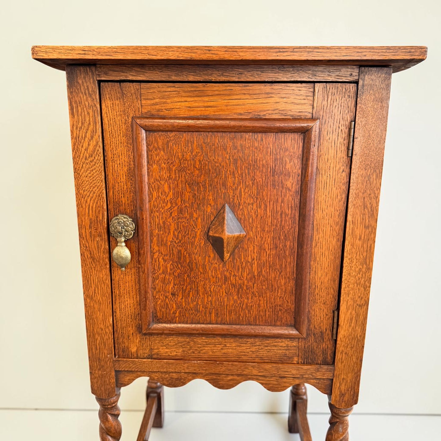 Antique English Oak Barley Twist Pot Cupboard, Diamond Boss Cabinet