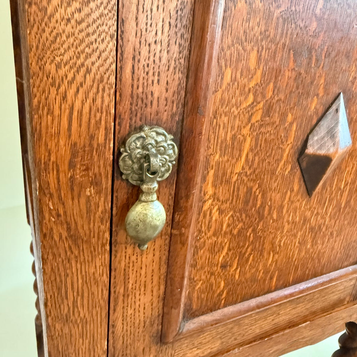 Antique English Oak Barley Twist Pot Cupboard, Diamond Boss Cabinet