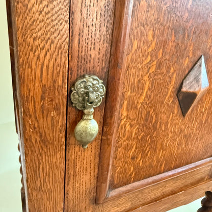 Antique English Oak Barley Twist Pot Cupboard, Diamond Boss Cabinet