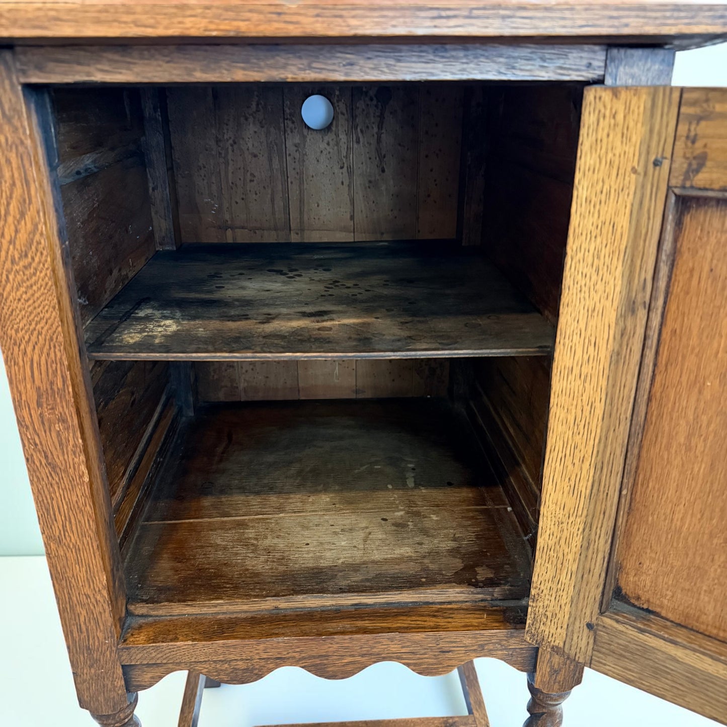 Antique English Oak Barley Twist Pot Cupboard, Diamond Boss Cabinet