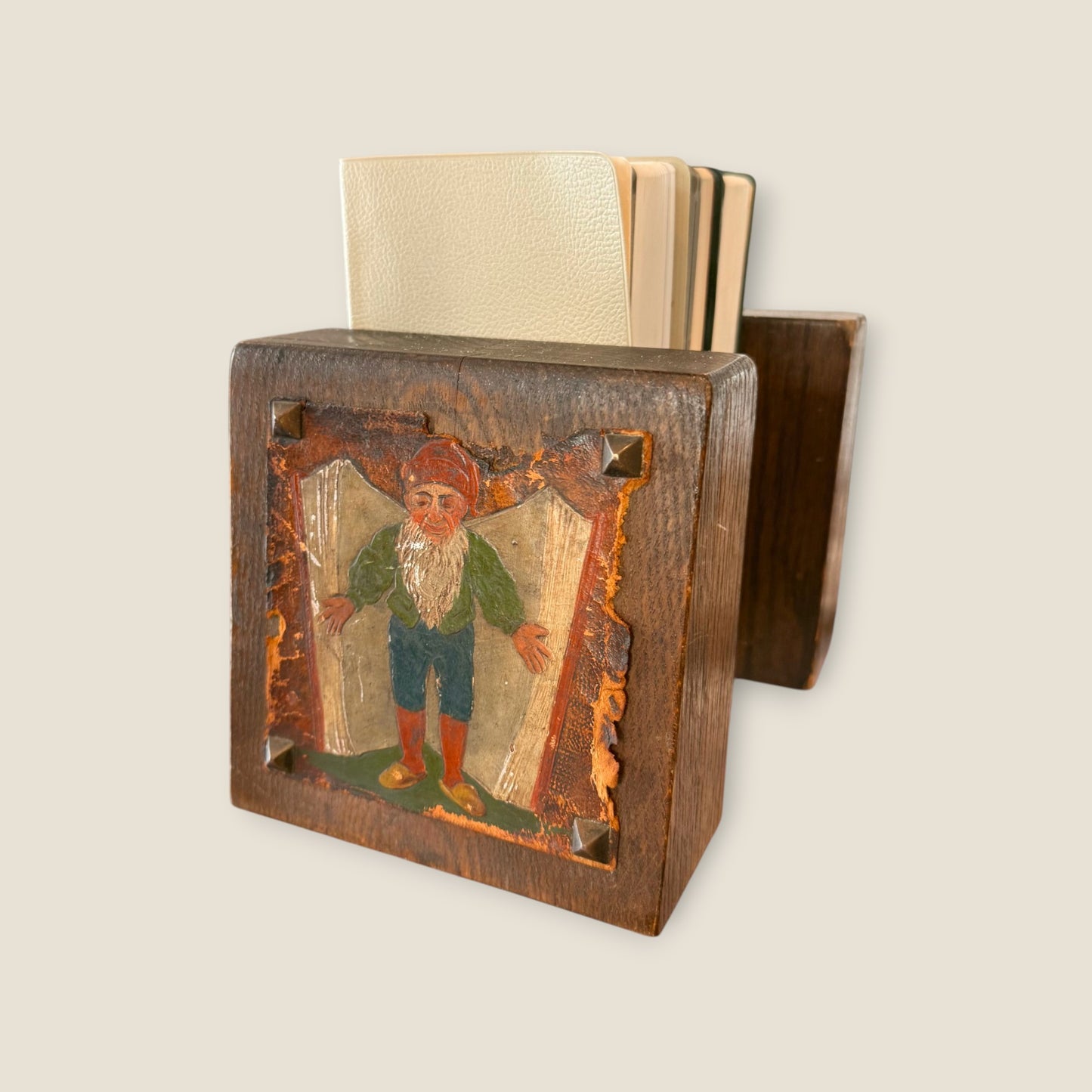 Antique Arts and Crafts Oak Bookends, Tooled Leather Gnome & Motto