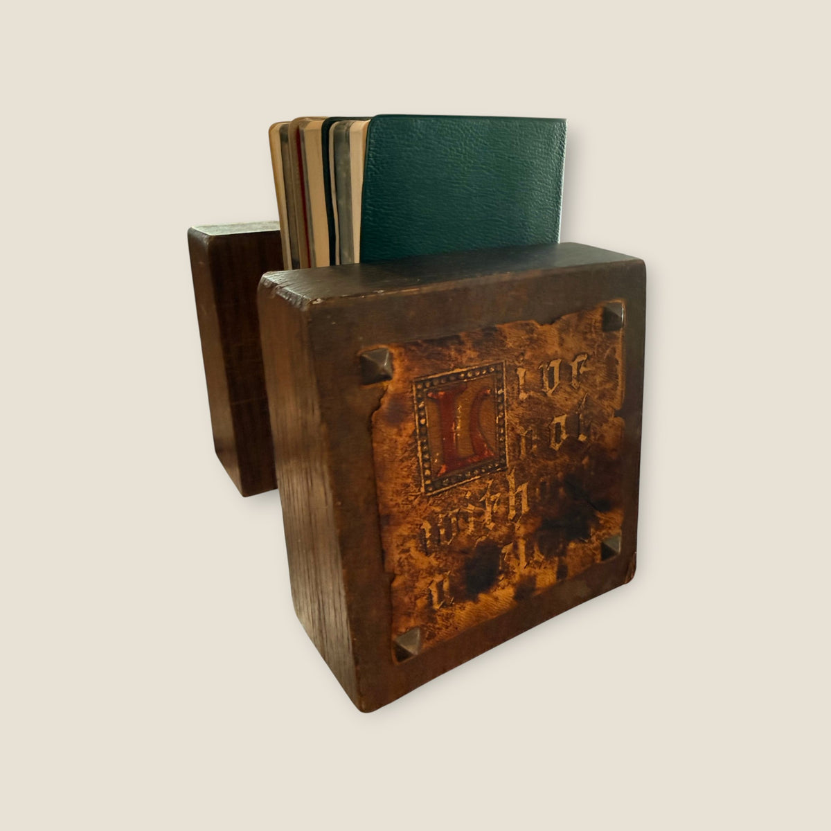 Antique Arts and Crafts Oak Bookends, Tooled Leather Gnome & Motto