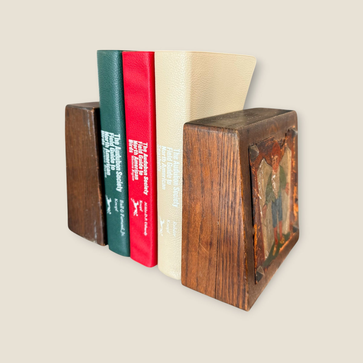 Antique Arts and Crafts Oak Bookends, Tooled Leather Gnome & Motto