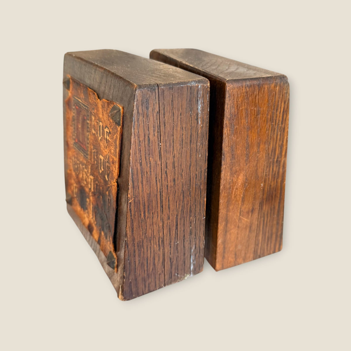 Antique Arts and Crafts Oak Bookends, Tooled Leather Gnome & Motto