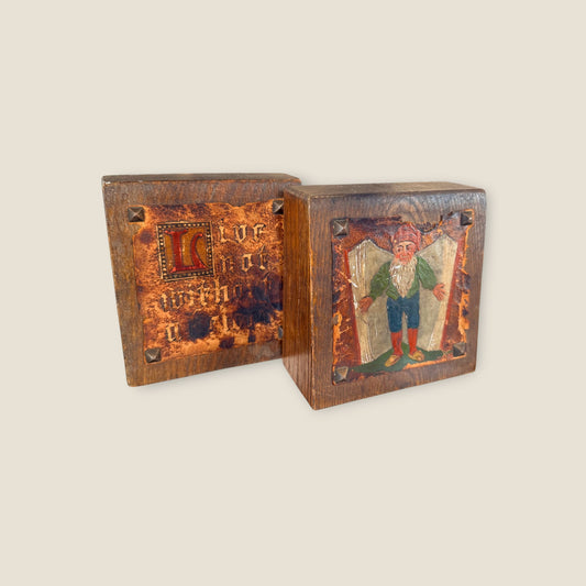 Antique Arts and Crafts Oak Bookends, Tooled Leather Gnome & Motto
