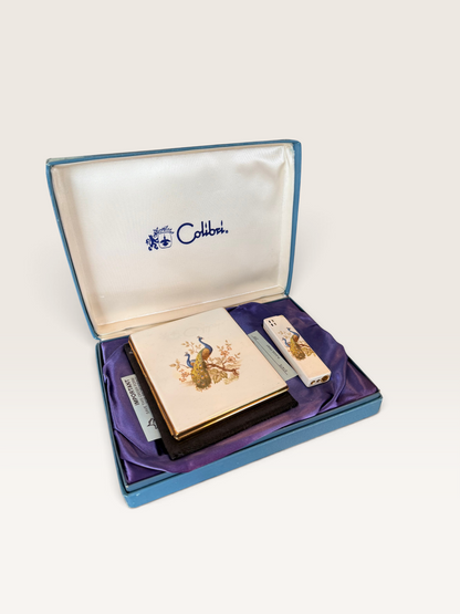 Vintage Colibri Peacock Cigarette Case & Lighter Set, Boxed, 1970s