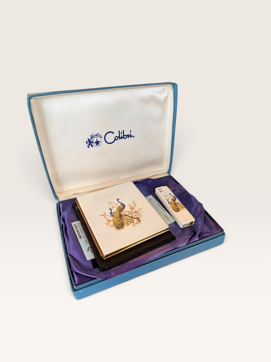 Vintage Colibri Peacock Cigarette Case & Lighter Set, Boxed, 1970s