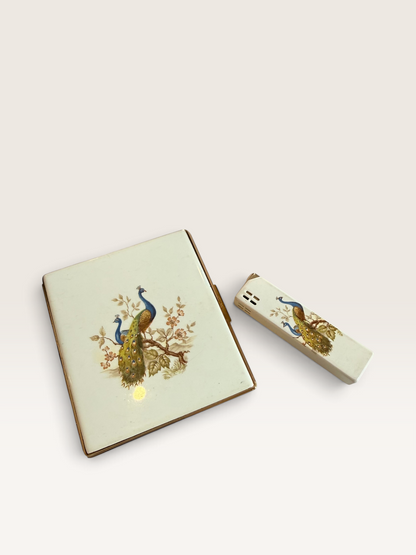 Vintage Colibri Peacock Cigarette Case & Lighter Set, Boxed, 1970s