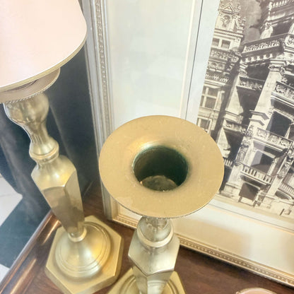 Tall Vintage Brass Candlesticks, Pair, Faceted Column and Hexagonal Base