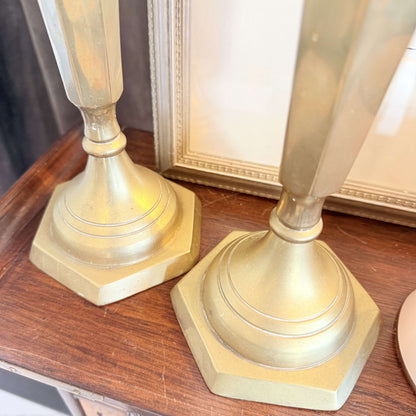 Tall Vintage Brass Candlesticks, Pair, Faceted Column and Hexagonal Base
