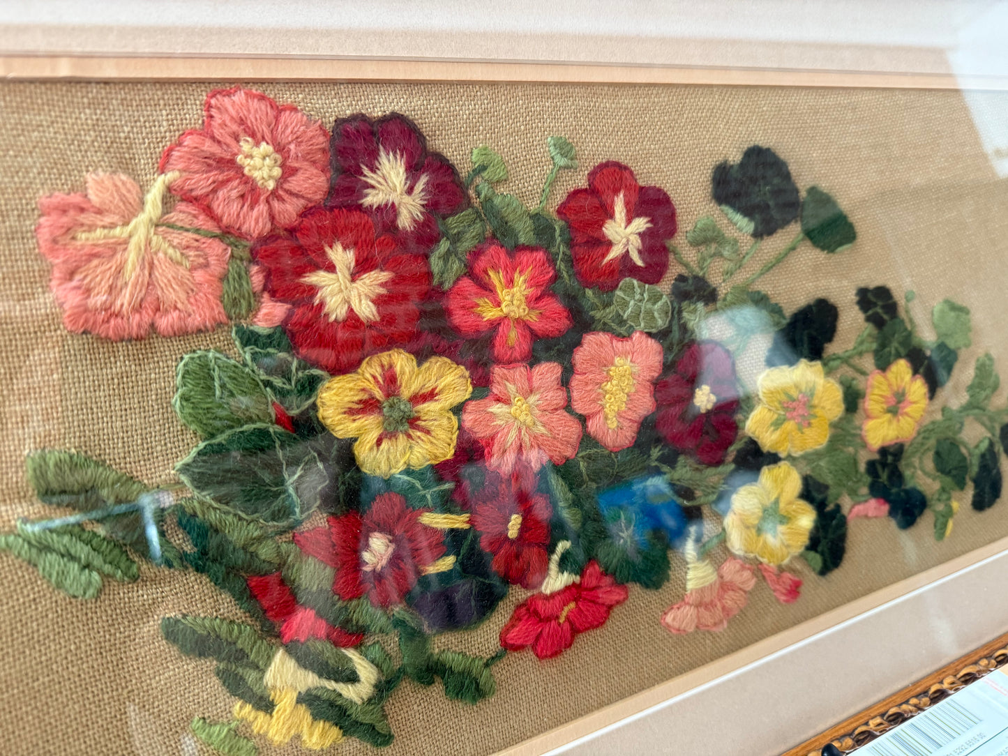 Mid-Century Framed Floral Embroidery – Vibrant Nasturtium Needlework Art