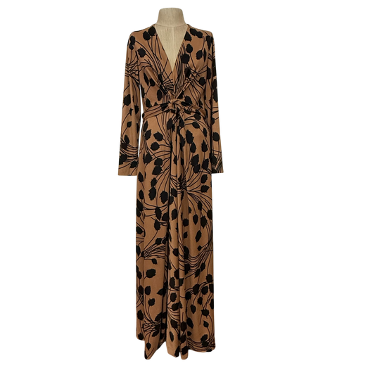 Vintage 1970s Tan & Black Leaf Print Jersey Maxi Dress with Knot Front