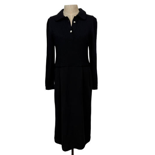 Vintage B. Altman Black Wool Knit Long Sleeve Midi Dress, Size 8