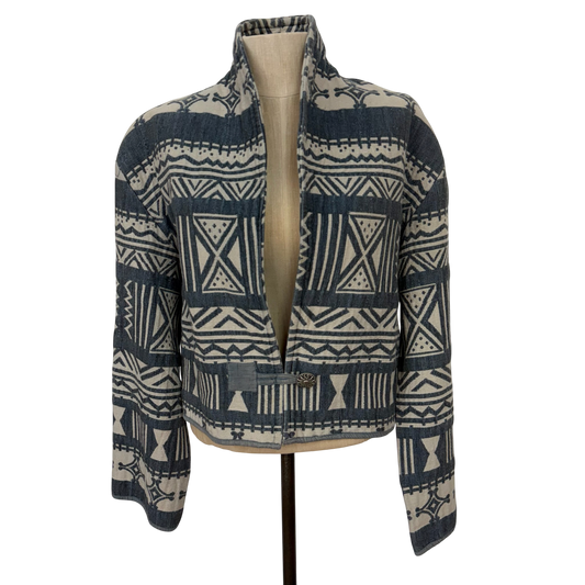 Vintage Flashback Indigo Geometric Cotton Jacket (Size M)