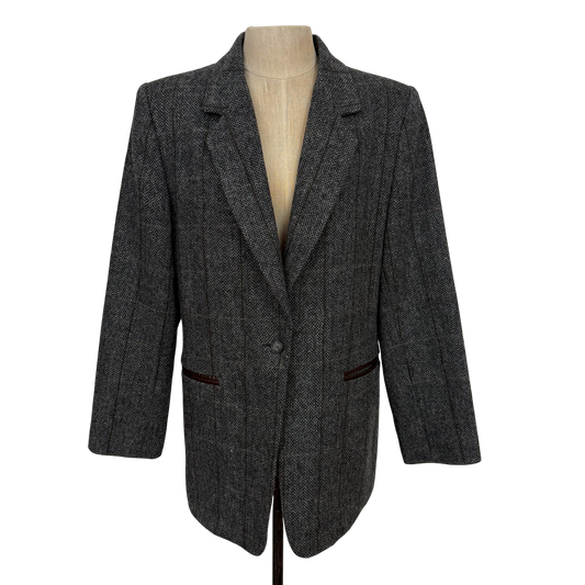 Vintage Harvé Benard Wool Herringbone Blazer with Leather-Trim Pockets (Size 10)