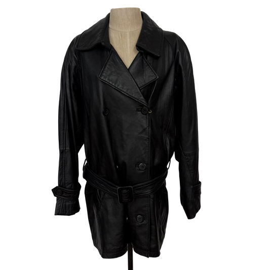 Vintage Jones New York Black Leather Belted Trench Jacket (Size S)