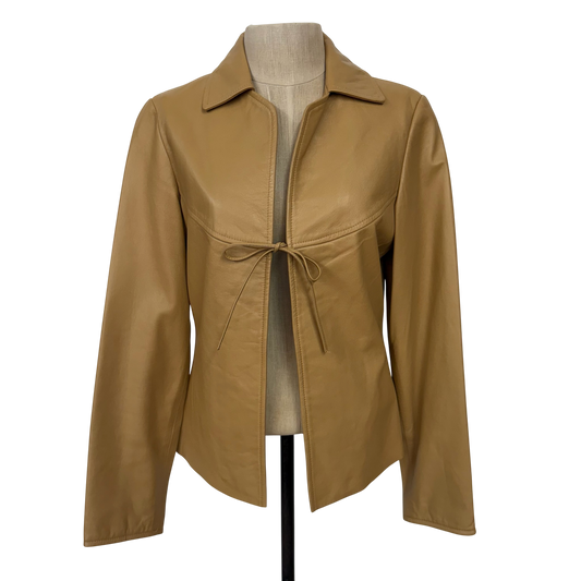 Neely Mack 90s Tan Leather Tie-Front Jacket with Satin Lining (XS)