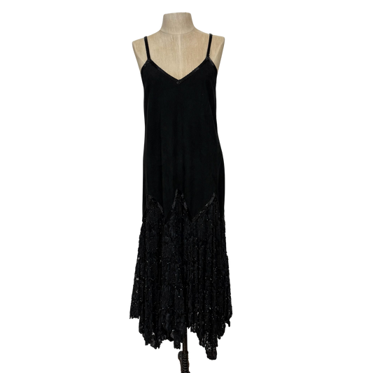 Vintage Black Suede Beaded Hem Slip Dress – Approx Size S/M