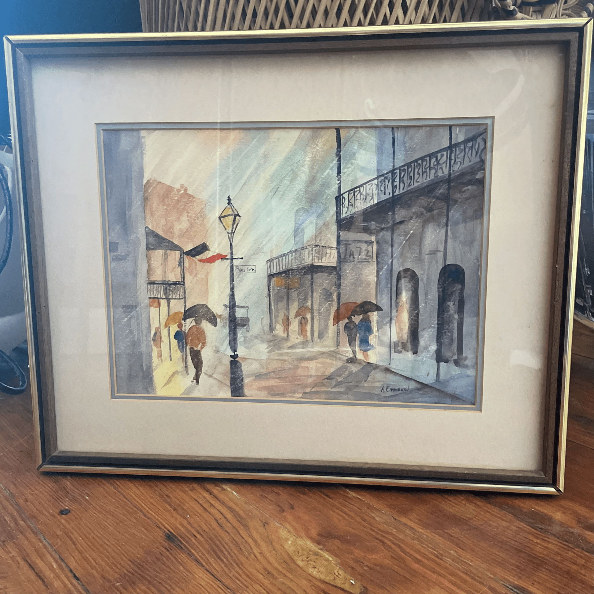 A. Emanuel Original Watercolor – New Orleans French Quarter Street Scene - Loom Vintage