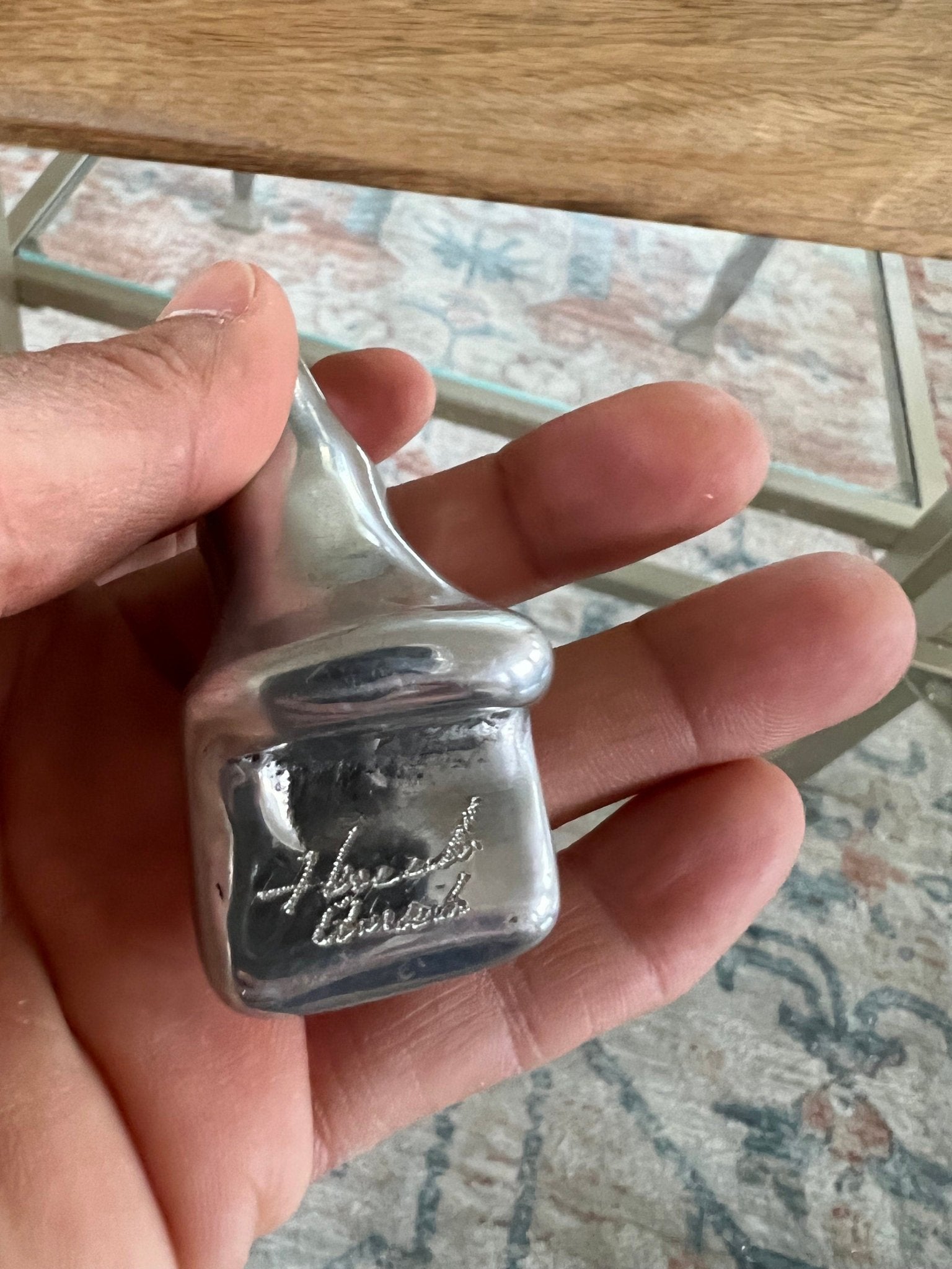 Abstract Silver-Tone Elephant Ring Holder — Modernist Cast Metal, Artist Signed, 2.5"H - Loom Vintage