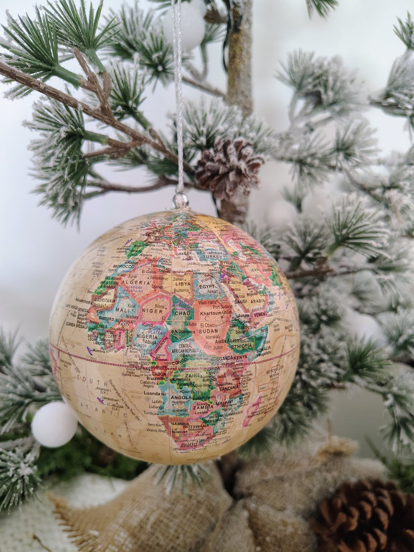 “Joy to the World” Paper Mâché Globe Christmas Ornament – Vintage Map Design