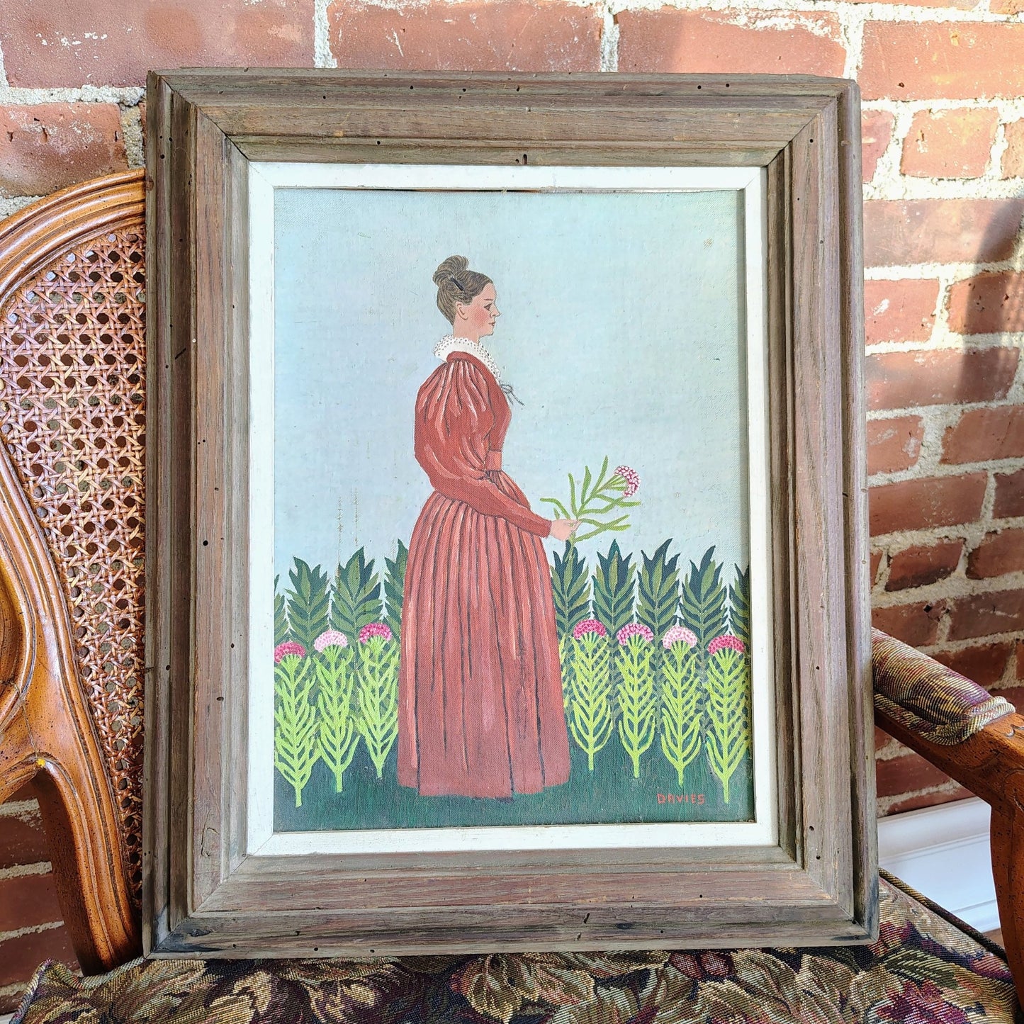 Albert Webster Davies — Woman in Red Dress with Thistles, Signed Oil, Framed 22″ × 18.5″ - Loom Vintage