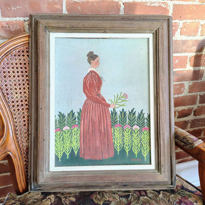 Albert Webster Davies — Woman in Red Dress with Thistles, Signed Oil, Framed 22″ × 18.5″ - Loom Vintage