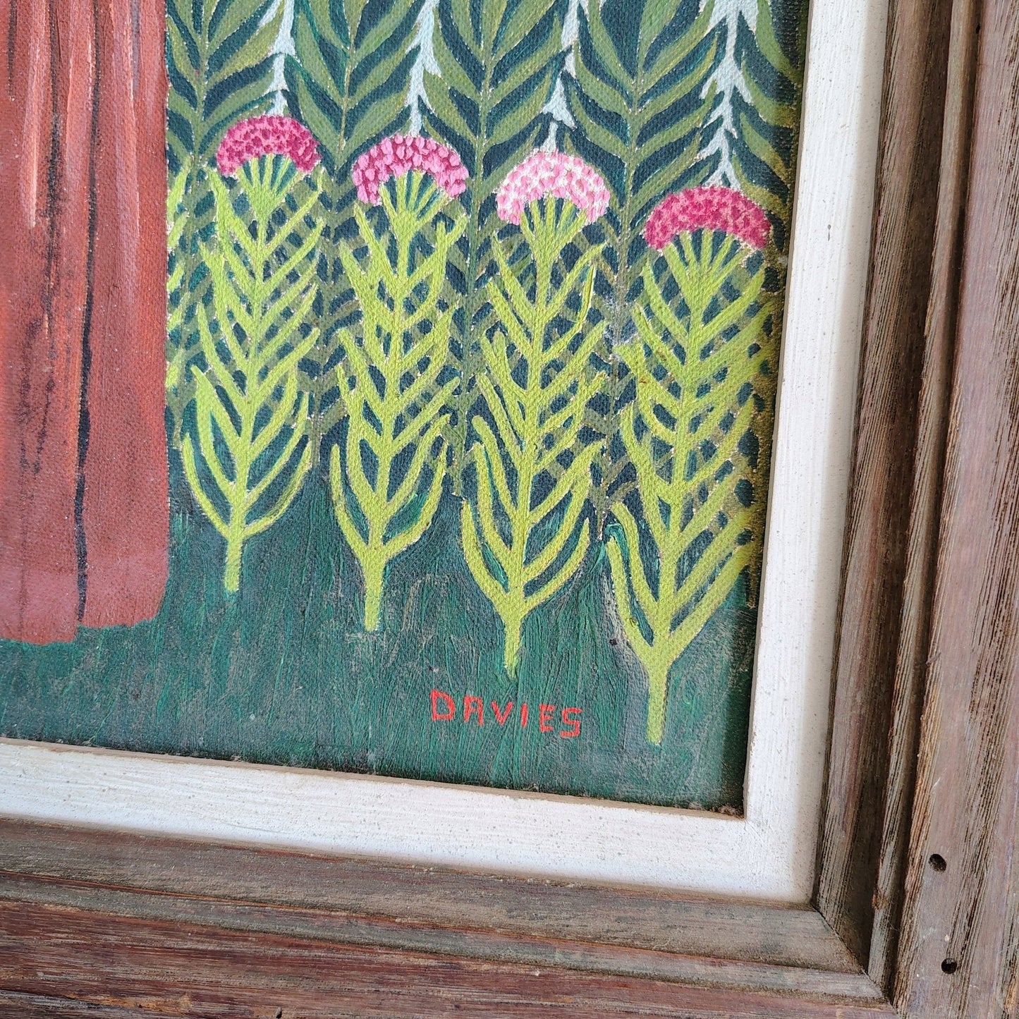 Albert Webster Davies — Woman in Red Dress with Thistles, Signed Oil, Framed 22″ × 18.5″ - Loom Vintage