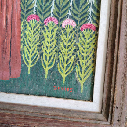 Albert Webster Davies — Woman in Red Dress with Thistles, Signed Oil, Framed 22″ × 18.5″ - Loom Vintage