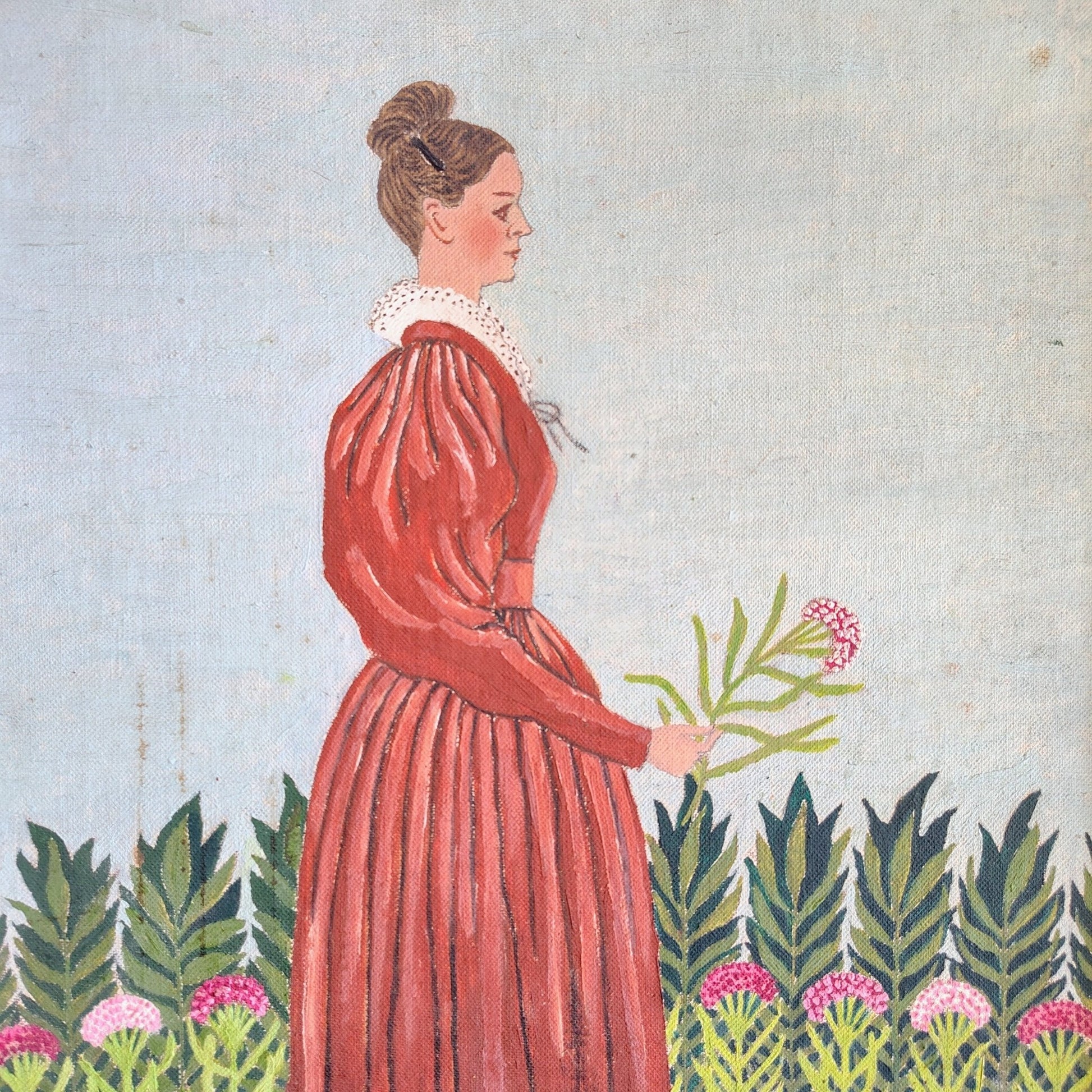 Albert Webster Davies — Woman in Red Dress with Thistles, Signed Oil, Framed 22″ × 18.5″ - Loom Vintage