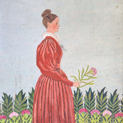 Albert Webster Davies — Woman in Red Dress with Thistles, Signed Oil, Framed 22″ × 18.5″ - Loom Vintage