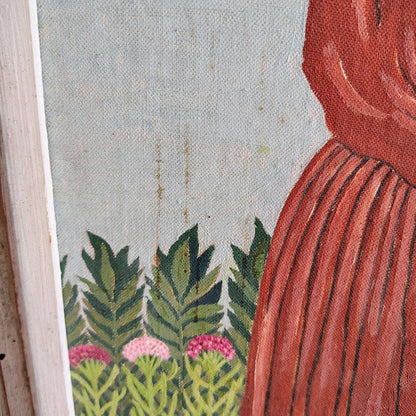 Albert Webster Davies — Woman in Red Dress with Thistles, Signed Oil, Framed 22″ × 18.5″ - Loom Vintage