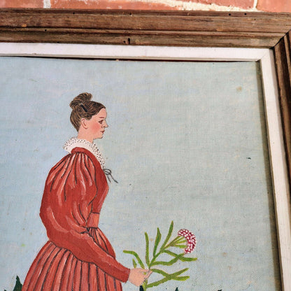 Albert Webster Davies — Woman in Red Dress with Thistles, Signed Oil, Framed 22″ × 18.5″ - Loom Vintage