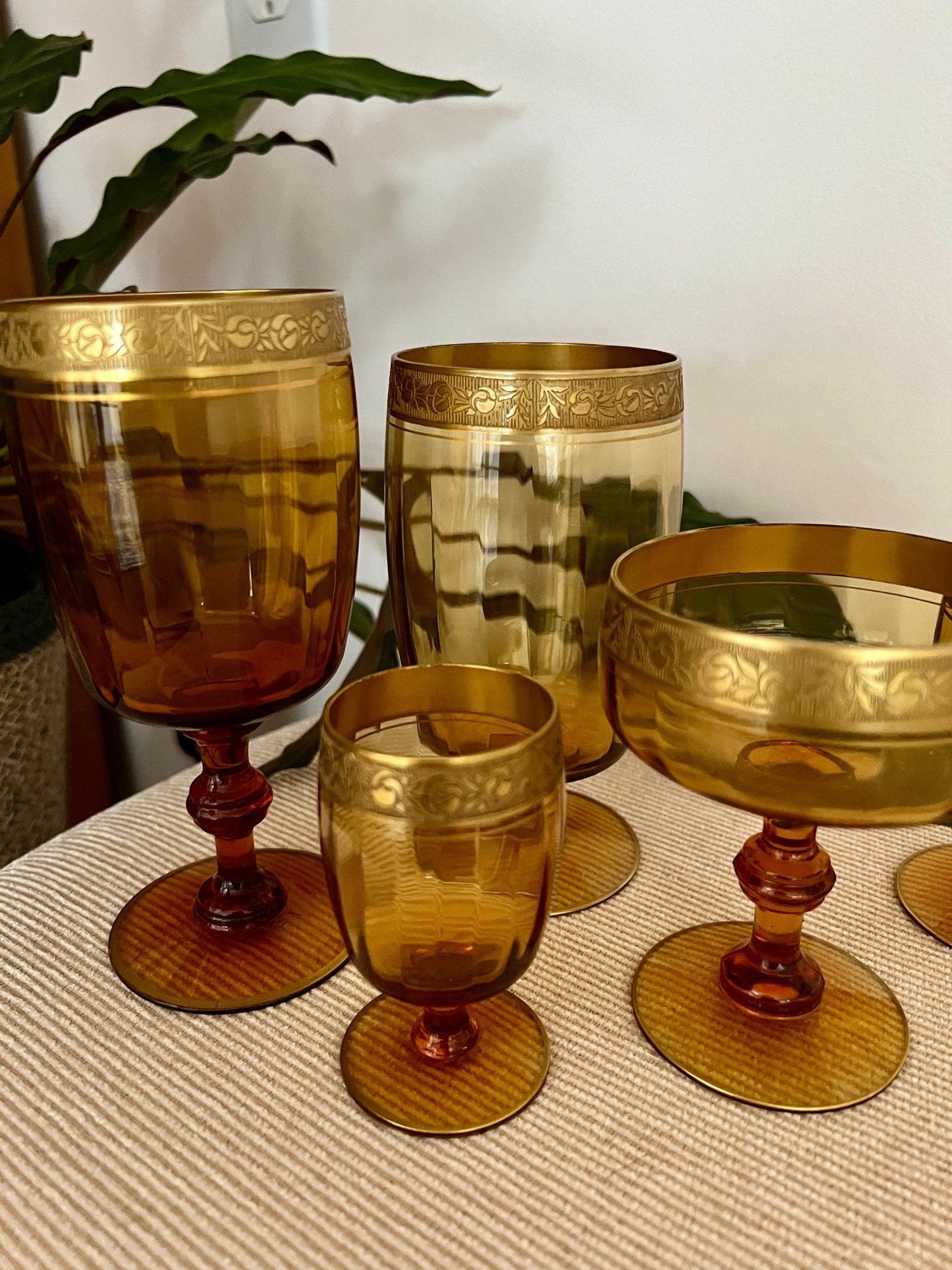 Amber Glass Formal Stemware, Complete Service for 4 — 24 Pieces, Embossed Gold Floral Rim, c. 1940s - Loom Vintage