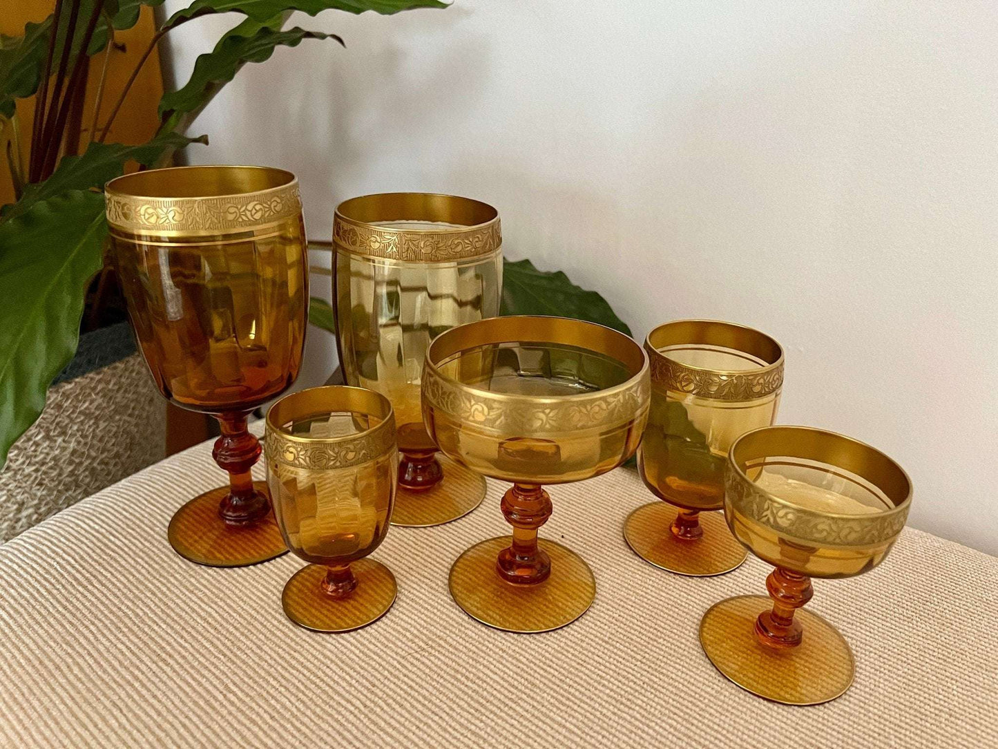Amber Glass Formal Stemware, Complete Service for 4 — 24 Pieces, Embossed Gold Floral Rim, c. 1940s - Loom Vintage