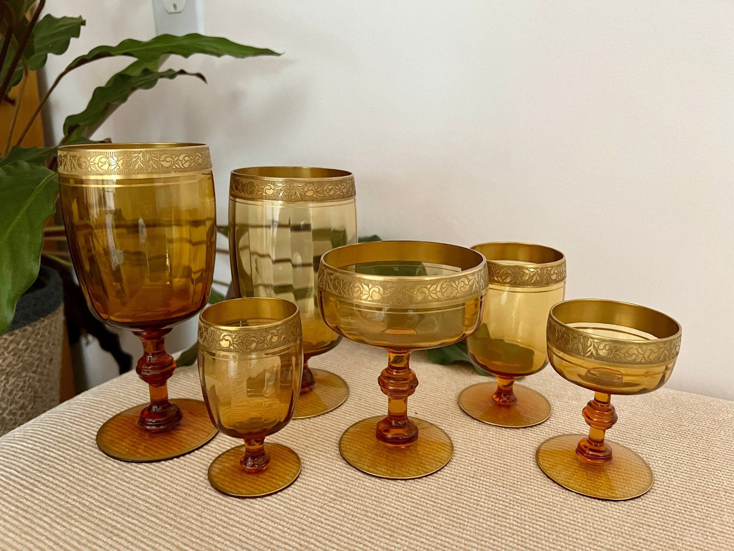 Amber Glass Formal Stemware, Complete Service for 4 — 24 Pieces, Embossed Gold Floral Rim, c. 1940s - Loom Vintage