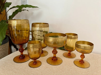 Amber Glass Formal Stemware, Complete Service for 4 — 24 Pieces, Embossed Gold Floral Rim, c. 1940s - Loom Vintage