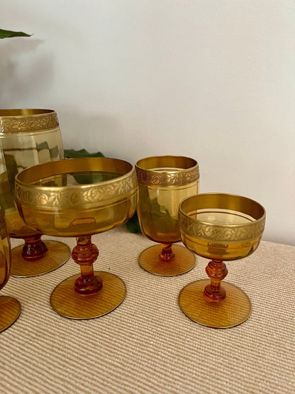 Amber Glass Formal Stemware, Complete Service for 4 — 24 Pieces, Embossed Gold Floral Rim, c. 1940s - Loom Vintage