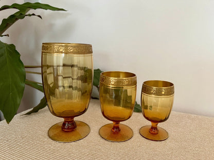 Amber Glass Formal Stemware, Complete Service for 4 — 24 Pieces, Embossed Gold Floral Rim, c. 1940s - Loom Vintage