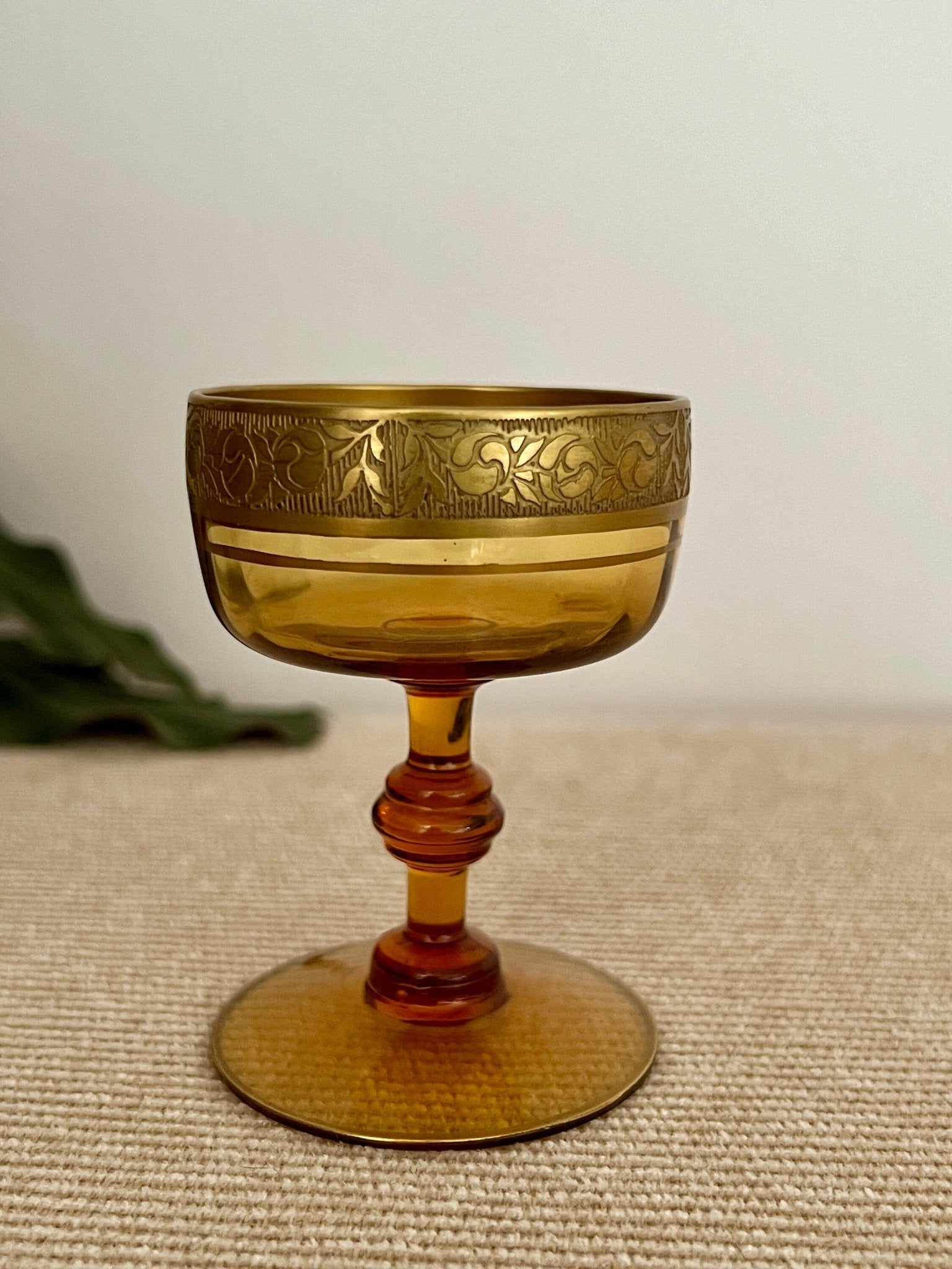 Amber Glass Formal Stemware, Complete Service for 4 — 24 Pieces, Embossed Gold Floral Rim, c. 1940s - Loom Vintage