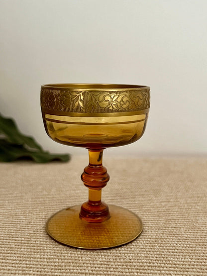 Amber Glass Formal Stemware, Complete Service for 4 — 24 Pieces, Embossed Gold Floral Rim, c. 1940s - Loom Vintage
