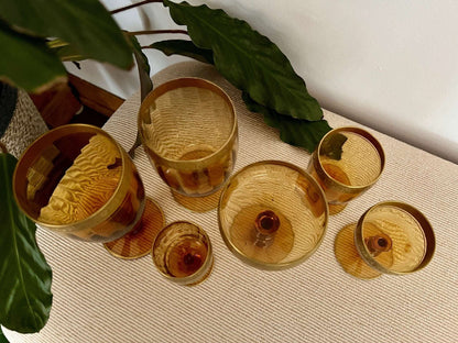 Amber Glass Formal Stemware, Complete Service for 4 — 24 Pieces, Embossed Gold Floral Rim, c. 1940s - Loom Vintage