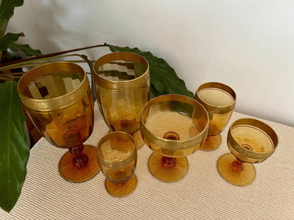 Amber Glass Formal Stemware, Complete Service for 4 — 24 Pieces, Embossed Gold Floral Rim, c. 1940s - Loom Vintage