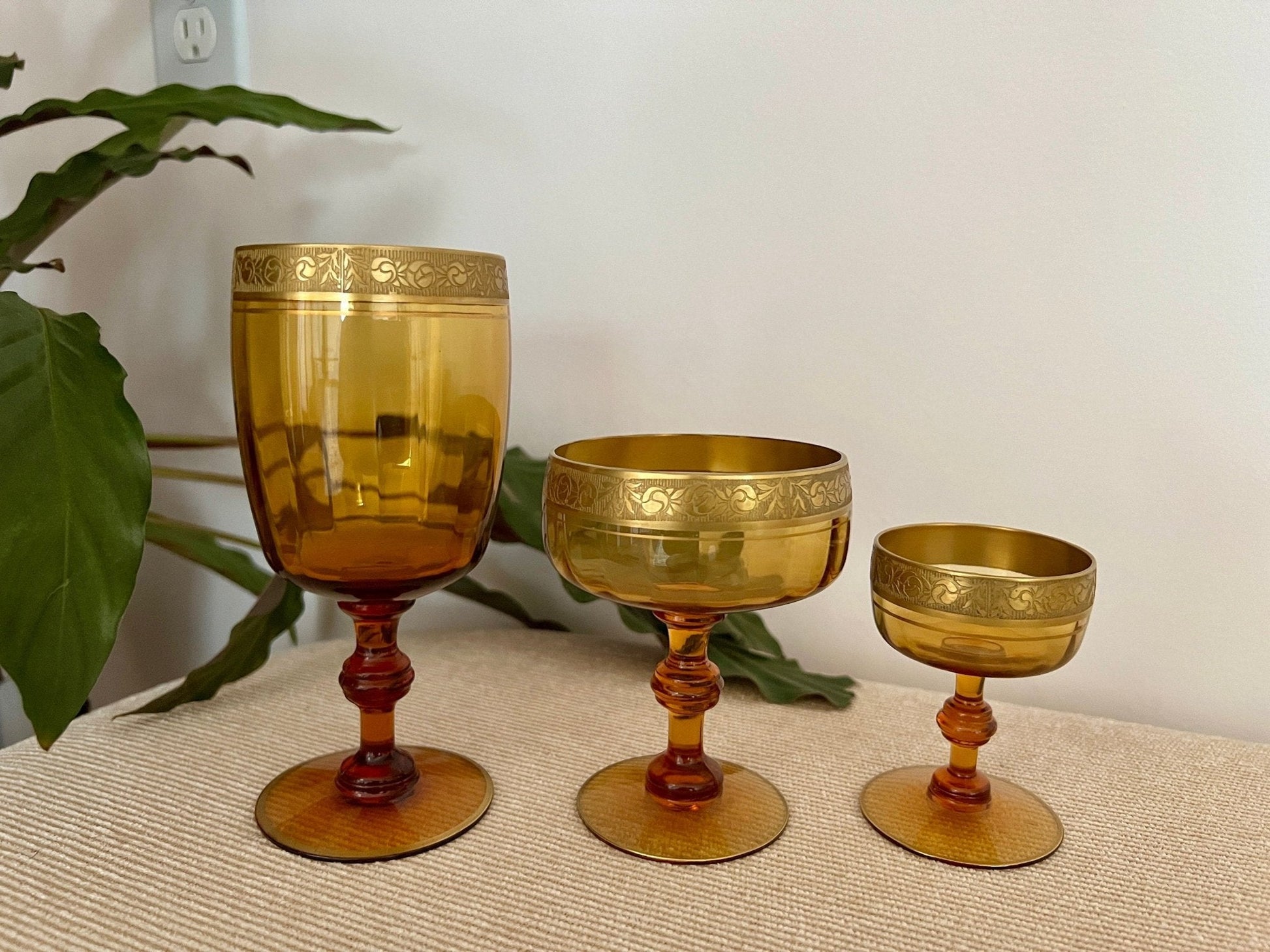 Amber Glass Formal Stemware, Complete Service for 4 — 24 Pieces, Embossed Gold Floral Rim, c. 1940s - Loom Vintage