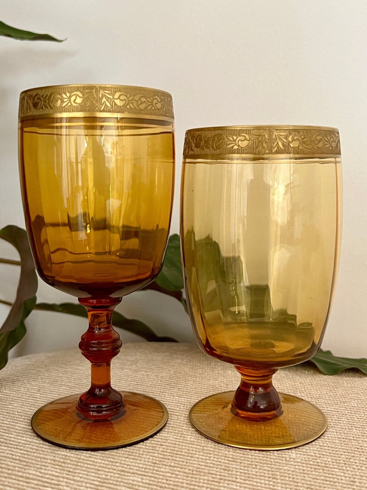 Amber Glass Formal Stemware, Complete Service for 4 — 24 Pieces, Embossed Gold Floral Rim, c. 1940s - Loom Vintage