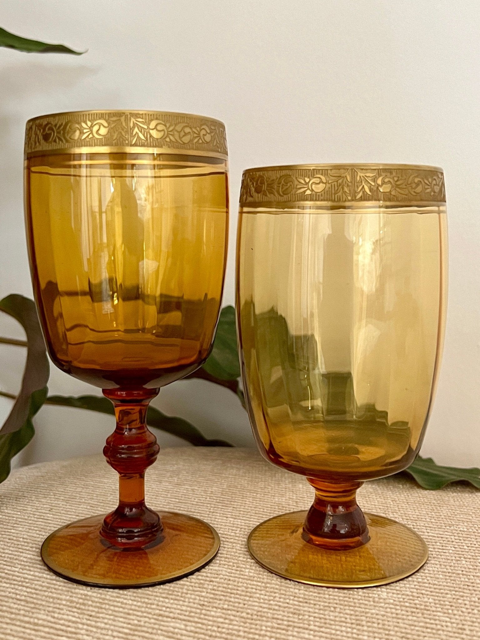 Amber Glass Formal Stemware, Complete Service for 4 — 24 Pieces, Embossed Gold Floral Rim, c. 1940s - Loom Vintage