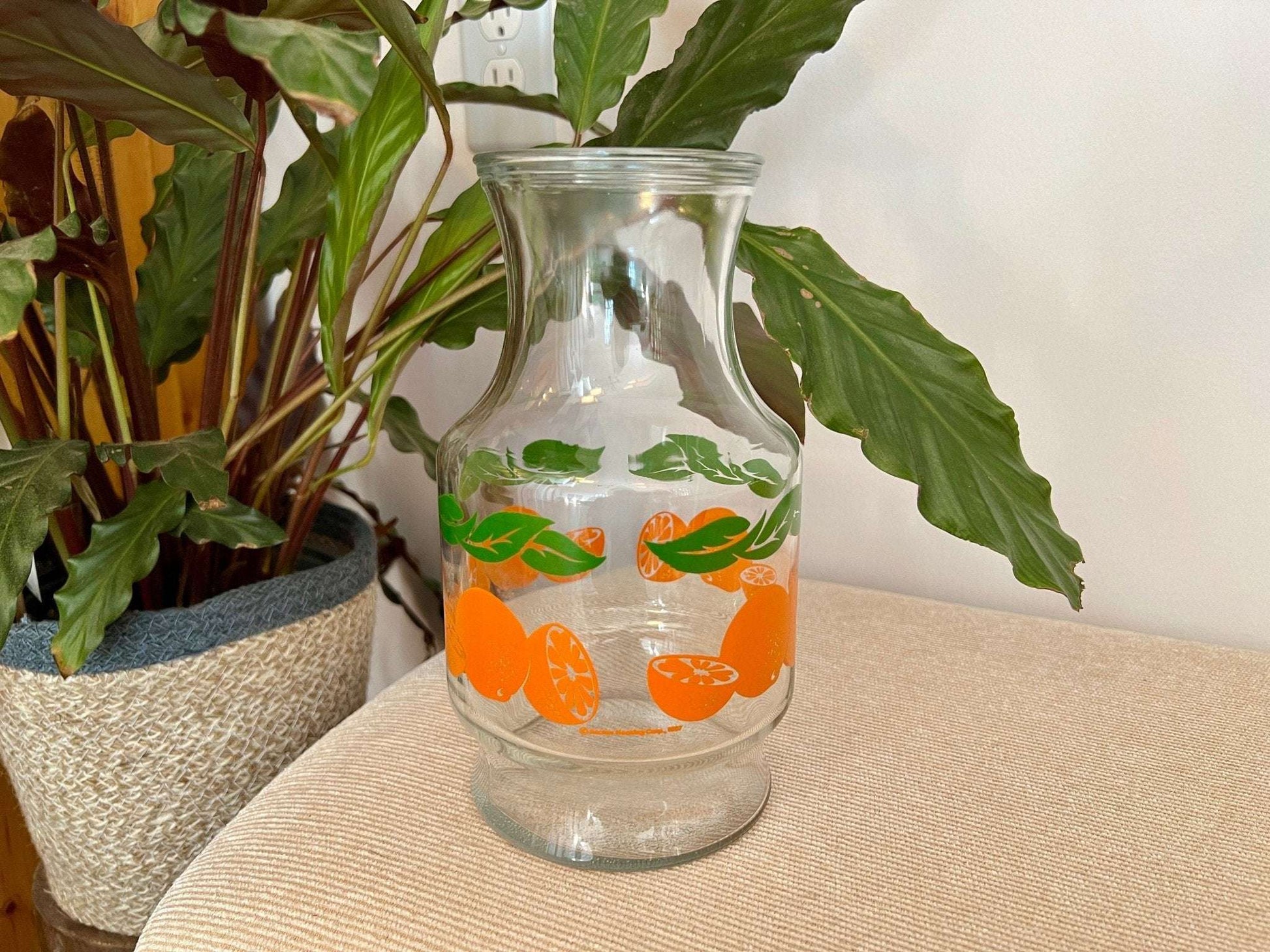 Anchor Hocking Glass Juice Carafe — Orange & Green Leaf Motif, 8.5"H, Found at Brimfield - Loom Vintage