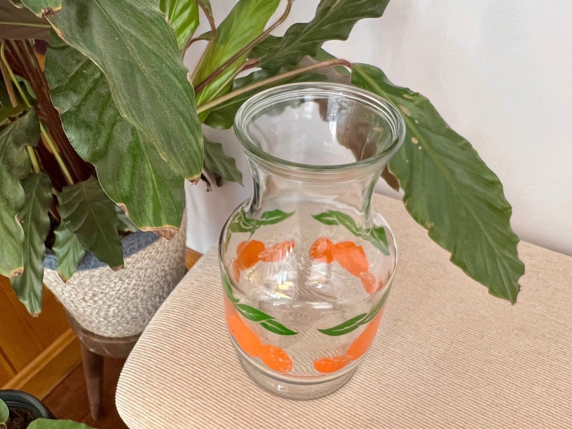 Anchor Hocking Glass Juice Carafe — Orange & Green Leaf Motif, 8.5"H, Found at Brimfield - Loom Vintage